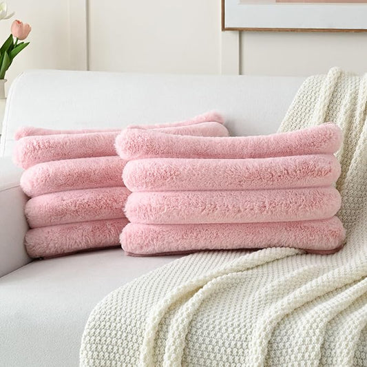 FUTEI Pink Decorative Throw Pillow Covers 12x20 Inch Set of 2, Square Soft Faux Rabbit Fur Thick Striped Lumbar Pillow Case,Winter Home Decor for Couch Bed Living Room