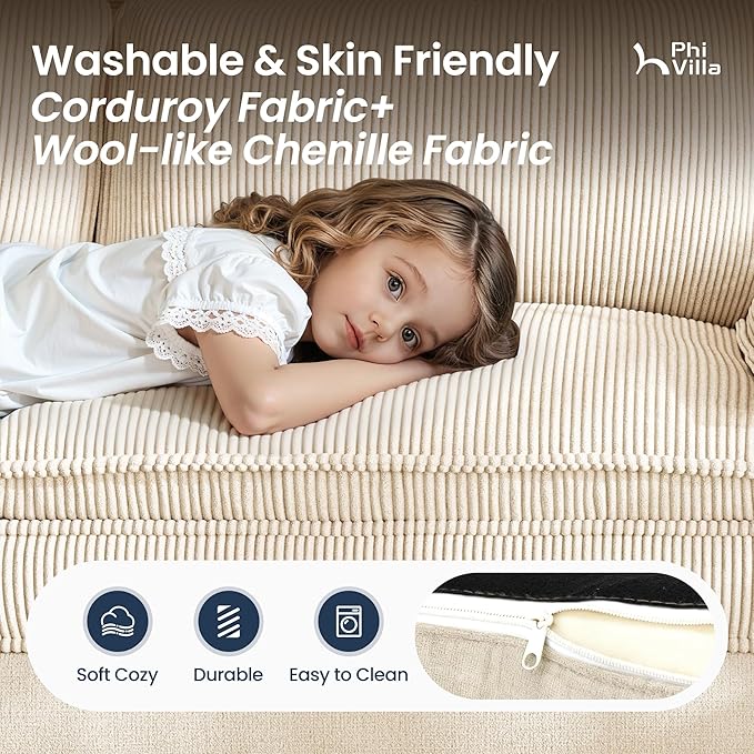 PHI VILLA Cloud Modular Couches Sets, 157.5" Long Sectional Sofa with Upholstered Deep Seat, 4-Seater Couches for Living Room, Chenille Corduroy Dual Fabric, Beige