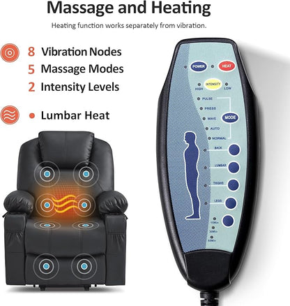 MCombo Power Lift Recliner Chair for Elderly, Lift Chair with Heat and Massage, FSC Certified, USB Ports, Cup Holders, Faux Leather 7040 (Black, Medium)