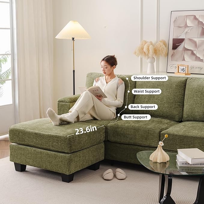 85'' L Shaped Couch with Armrest Organizer,3 Seats Sofas with Movable Ottoman,Comfy Sectional Sofa with Thick Cushion,Chenille Sectional Couches for Living Room,Bedroom,Apartment,Home Furniture,Green