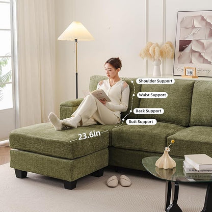 85'' L Shaped Couch with Armrest Organizer,3 Seats Sofas with Movable Ottoman,Comfy Sectional Sofa with Thick Cushion,Chenille Sectional Couches for Living Room,Bedroom,Apartment,Home Furniture,Green