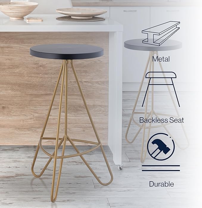 JONATHAN Y BSL1002A Trinity 30" Modern Industiral Iron Tripod Backless Bar Stool for Home, Kitchen, Dining Room, Workspaces, Cafes and Resturants, Black Seat with Gold Frame