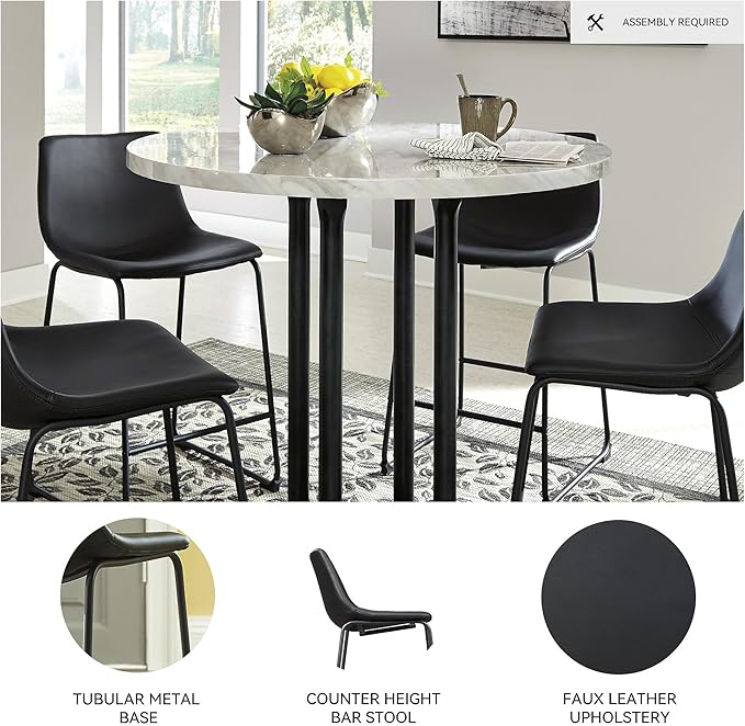 Signature Design by Ashley Centiar Casual Pub Height Bucket Seat Upholstered Bar Stool with Metal Base, Set of 2 , Faux Leather, 30" Seat Height, Black