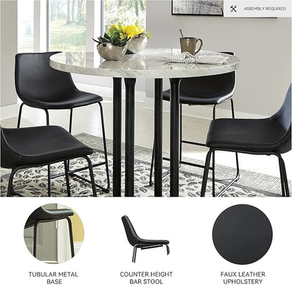 Signature Design by Ashley Centiar Casual Pub Height Bucket Seat Upholstered Bar Stool with Metal Base, Set of 2 , Faux Leather, 30" Seat Height, Black