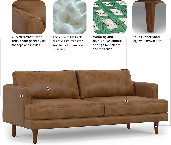 SIMPLIHOME Livingston 76-inch Wide Sofa in Caramel Brown Top Grain Genuine Leather, Handcrafted Mid-Century Modern Loveseat for Living Room, Compact 2-Seater with Feather-Wrapped Cushions