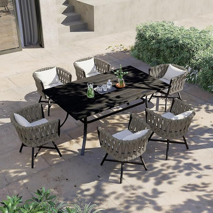 Grand patio 7-Piece Outdoor Dining Set for 6, Patio Dining Furniture Set for 6 Swivel Rope Wicker Chairs & 1 Bent Legs Rectangular Dining Faux Woodgrain Table with Umbrella Hole, Light Gray Brown