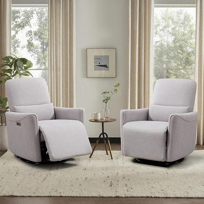 Power Swivel Recliner Chair, Upholstered Fabric Glider Electric Rocking Chair for Adults. Nursery Rocker Single Sofa with Lumbar Support for Living Room. Dual-Port Charging: Type-C&USB, Grey