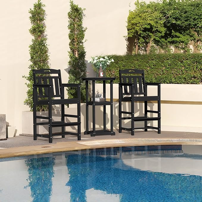 Outdoor Patio Bar Height Chair, All-Weather HDPE Tall Balcony Adirondack Stools for Bistro, Garden, Backyard, Deck | Matte Black