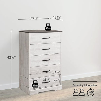 Prepac Rustic Ridge Farmhouse Dresser, Washed White Dresser for Bedroom, Chest of Drawers with 5 Drawers 18.5" D x 27.5" W x 43.5" H, ABDR-1605-1