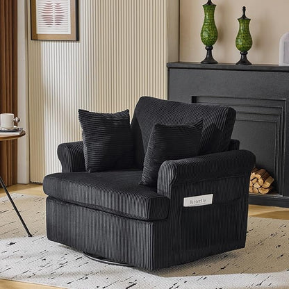 Karl home Swivel Accent Chair Set of 2, 39" Oversized Armchair W/2 Pillows and 4 Pockets,Modern Corduroy Barrel Chairs,Comfy Single Sofa for Living Room,Reading,Bedroom and Office-Black