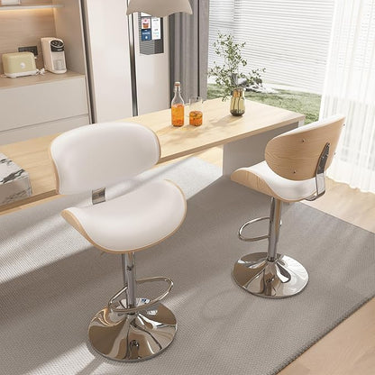 Bar Stools Set of 2, Bar Stools for Kitchen Island with Bentwood Back and Leather Seat, Swivel Barstools for Kitchen Counter, Bar, Snow White