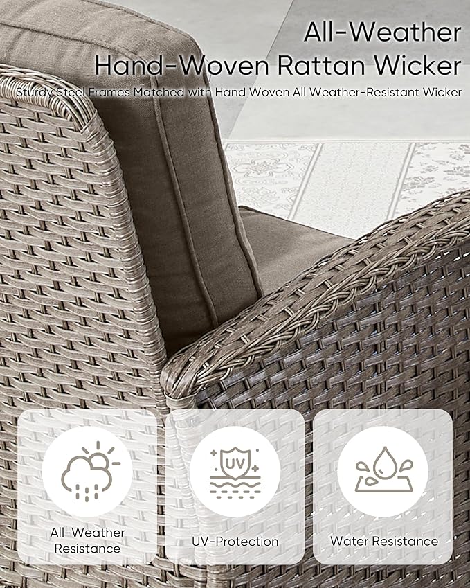 HUMMUH 7 Pieces Wicker Patio Conversation Set Outdoor Glider Loveseat with Patio Swivel Rocking Chairs Outdoor Patio Set for Deck Lawn Porch Balcony Poolside-Grey/Grey