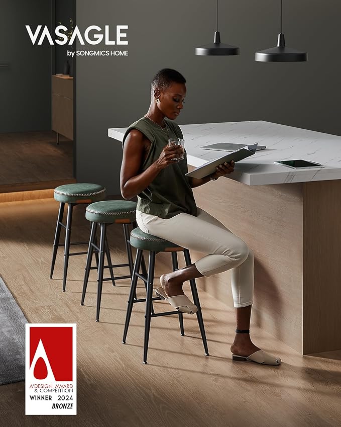 VASAGLE EKHO Collection - Bar Stools Set of 2, Counter Height Bar Stools, Kitchen Counter Stools, Mid-Century Modern Backless Counter Stools, 24.8-Inch Tall, Kitchen Island Home Bar, Forest Green