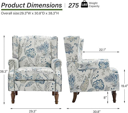 Accent Chair, Upholstered High Back Floral Armchair with Nailhead Trim & Wood Legs, Comfy Wingback Reading Single Sofa Chair for Small Spaces, Living Room, Bedroom ( Plants Blue Floral, Set of 2)