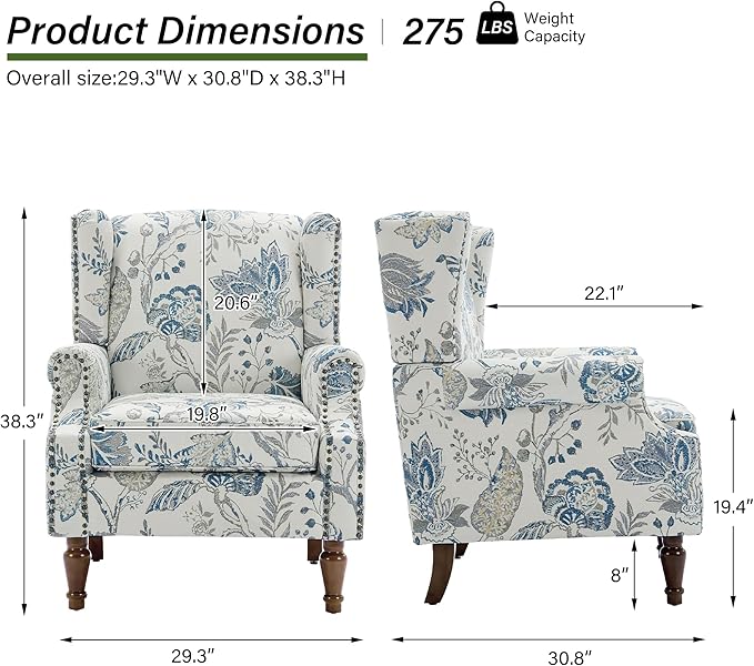 Accent Chair, Upholstered High Back Floral Armchair with Nailhead Trim & Wood Legs, Comfy Wingback Reading Single Sofa Chair for Small Spaces, Living Room, Bedroom ( Plants Blue Floral, Set of 1)