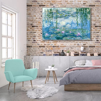 Wieco Art Extra Large Silver Framed Canvas Print Water Lilies by Claude Monet Paintings Reproduction Modern Canvas Wall Art for Home and Office Decoration Abstract Artwork