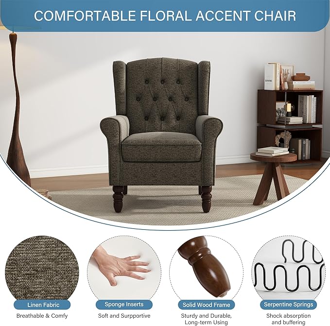 UIXE High Back Accent Chairs Set of 2, Fabric Upholstered Armchair Wingback Arm Club Chair for Living Room, Comfy Single Sofa Bedroom Reading Seat with Solid Wood Legs - Taupe