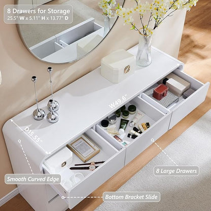 Modern 8 Drawers Dresser for Bedroom, 55" Wide Dressers & Chest of Drawers w/Curved Profile Design, Wood Mid Century Storage Dressers Organizer for Bedroom, Living Room, White