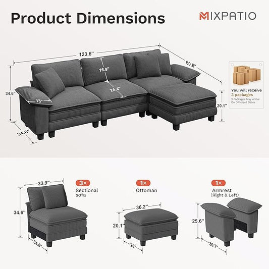 123-Inch L Shaped Sectional Sofa with Cloud Cushions, Deep Seat Modular Couch Set w/ 4 Seats & 1 Ottomans, Removable Arms, Plush Corduroy Upholstery for Living Room, Apartment - Gray