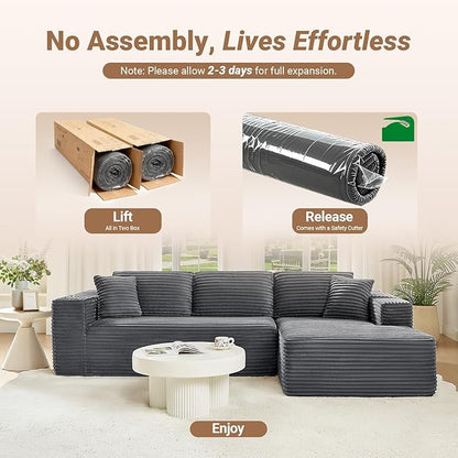 108" Boneless Couch, Cloud Couch Modular Sectional Sofa with Deeper Seat, L-Shaped Sofa with 4 Storage Pockets, Comfy Corduroy Couches for Living Room (Right Facing Chaise, Grey)