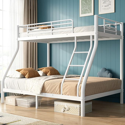 Bunk Beds Twin Over Full Size, Heavy Duty Bunk Beds with Bottom Space & Guardrail Metal Bunk Bed Frame for Adults - Dorm Bedroom Guest Room, No Box Spring Needed（Upgrate White）