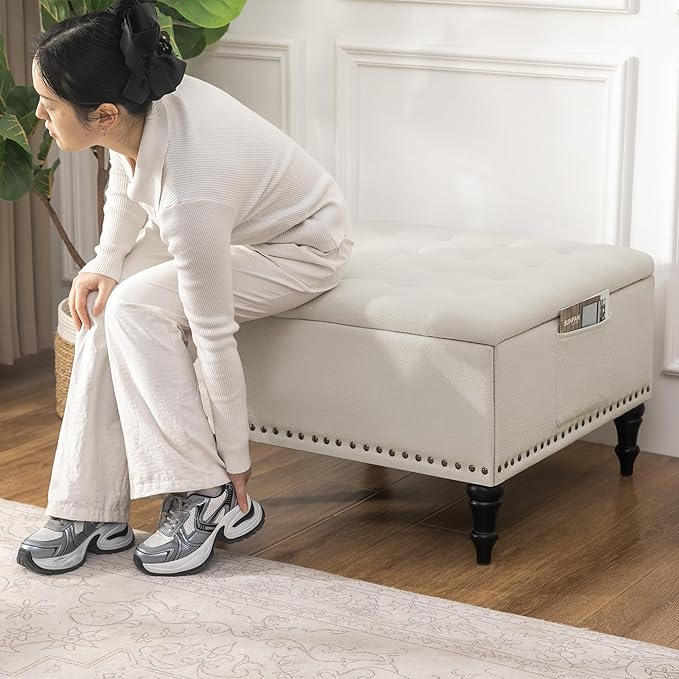 Square Ottoman with Storage Tufted Upholstered Storage Ottoman Square Coffee Table Ottomans with Legs 28’’ Large Fabric Footrest Ottomans Stool with Lift Top for Living Room Beige