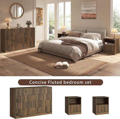 3-Piece Modern Bedroom Furniture Set, Wide 8-Drawer Dresser & 1-Drawer Nightstands Set of 2, Natural Wood Dresser and Nightstand Sets for Bedroom, Hallway, Walnut
