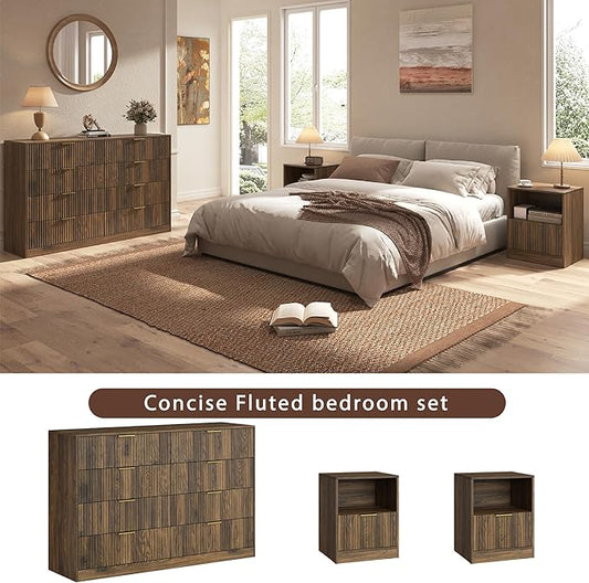 3-Piece Modern Bedroom Furniture Set, Wide 8-Drawer Dresser & 1-Drawer Nightstands Set of 2, Natural Wood Dresser and Nightstand Sets for Bedroom, Hallway, Walnut