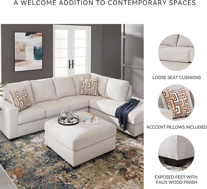 Signature Design by Ashley Aviemore Casual L-Shaped 2-Piece Sectional with Chaise and Loose Seat Cushions, Accent Pillows Included, 110" Wide, Light Gray
