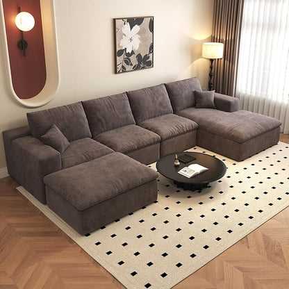 136.6'' U-Shaped Modern Modular Sectional Cloud Couch Whit Ottoman, 4-Seat Chenille Deep-Seat Sofa with Pillow for Living Room, Bedroom, Apartment, Camel