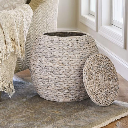 Household Essentials Handwoven Water Hyacinth Barrel Wicker Storage Basket Side Table, Cream Finish