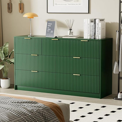 Green Dresser for Bedroom, Modern Dresser with 7 Drawers and Smooth Slides, Wide Chest of Drawers with Golden Handles for Bedroom, Living Room, Closet, 15.7" D x 55.1" W x 31.4" H