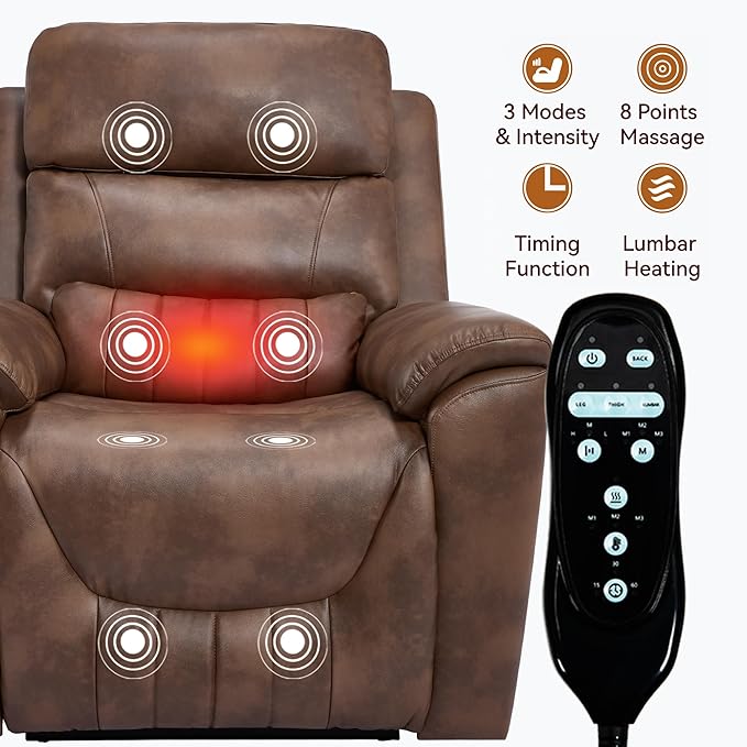 PELUMY Power Lift Recliner Chair for Elderly with Massage and Heat, Dual Motor Heavy Duty 350lbs Recliner, 8-Point Vibration & Lumbar Heating, Electric Lift Chair (Breathable Leather, Brown)