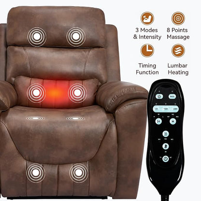 PELUMY Power Lift Recliner Chair for Elderly with Massage and Heat, Dual Motor Heavy Duty 350lbs Recliner, 8-Point Vibration & Lumbar Heating, Electric Lift Chair (Breathable Leather, Brown)