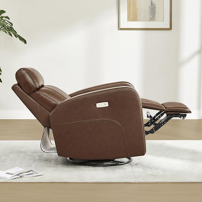 CHITA Genuine Leather Power Swivel Glider Recliner Chair for Adults, FSC Certified Electric Nursery Rocker Recliner Chair for Living Room, Light Brown