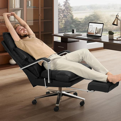 Reclining Office Chair with Footrest - 25.6" Wide Seat & Adjustable Seat Depth, Big and Tall High Back Leather Executive Home Office Desk Chair 400lbs, Black