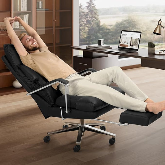 Reclining Office Chair with Footrest - 25.6" Wide Seat & Adjustable Seat Depth, Big and Tall High Back Leather Executive Home Office Desk Chair 400lbs, Black