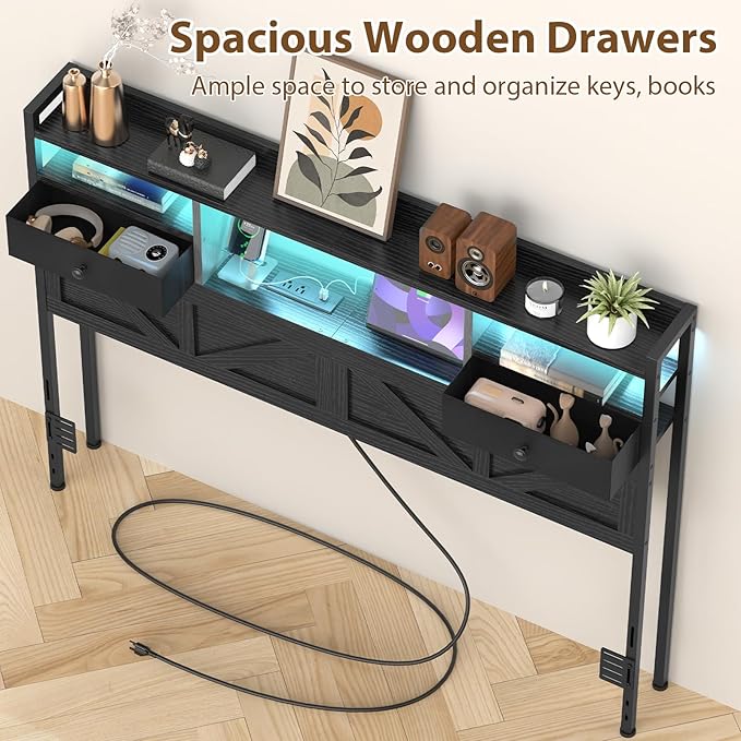 Queen Size Headboard with Drawers, Outlets & USB Ports,Sturdy Wood Bed Frame with Adjustable Height, Built-in LED Lighting (Black, Queen 59 * 7.08 * 45.7)