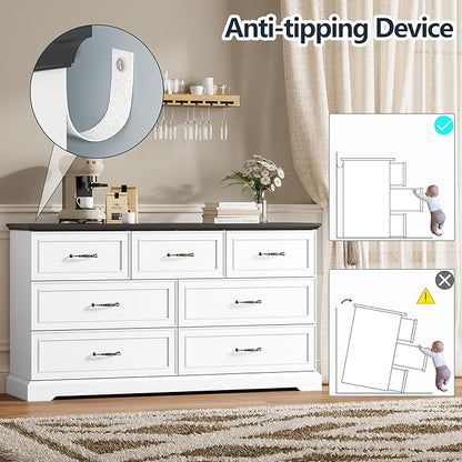 7 Drawer Dresser for Bedroom, 57" Wide Wooden Chest of Drawers, Rustic Farmhouse Dresser with Large Drawers & Metal Handles, Modern Storage Organizer for Closet, Living Room, Hallway, White