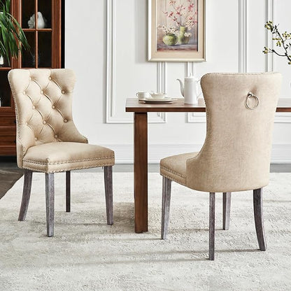 Leather Dining Chair Set of 4, Dining Room Chairs with Nailhead Ring Pull Trim, Upholstered Dining Chairs with Solid Wood Legs for Kitchen Dining Room (Beige)