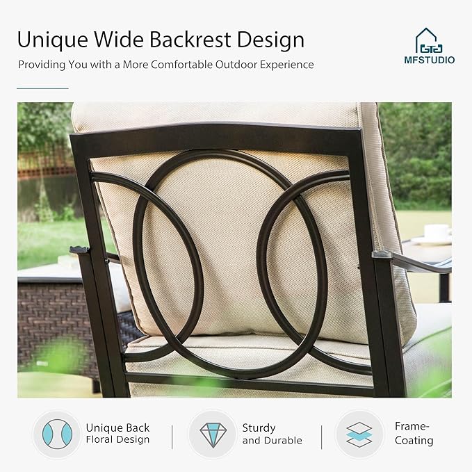 MFSTUDIO 4 Pieces Outdoor Patio Furniture Set, Metal Outdoor Conversation Sofa, Rattan Wicker Patio Sectional Sofa Set with 2 x Rocking Single Sofa, 2 x Ottoman, Beige