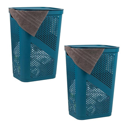 Mind Reader 60L Slim Laundry Hamper, Clothes Basket, Lid, Ventilated, Plastic, Set of 2, Blue