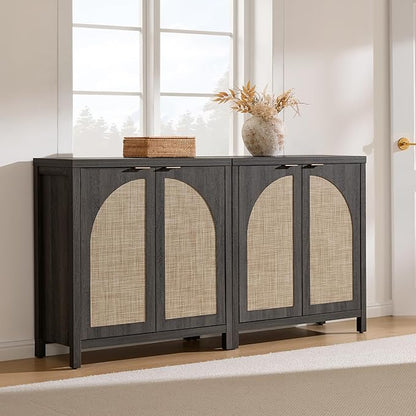 SICOTAS Rattan Sideboard Buffet Cabinet with Storage, Modern Credenza Storage Cabinet with Arch Doors & Adjustable Shelves, Coffee Bar Media Console Cabinets for Kitchen, Living Room, Black Oak