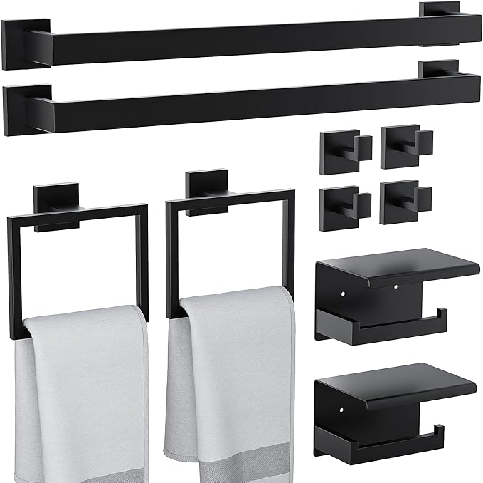 10-Pieces Bathroom Hardware Set, SUS304 Stainless Steel Wall Mounted 23.6 Inch Towel Bar, Toilet Paper Holder, Towel Hooks, Bathroom Towel Bar Set (Matte Black (Type 2), 10 Piece-23.6 inch)