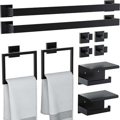 10-Pieces Bathroom Hardware Set, SUS304 Stainless Steel Wall Mounted 23.6 Inch Towel Bar, Toilet Paper Holder, Towel Hooks, Bathroom Towel Bar Set (Matte Black (Type 2), 10 Piece-23.6 inch)