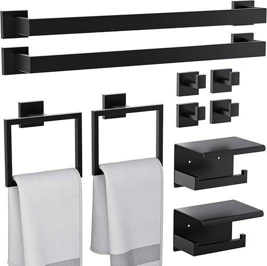 10-Pieces Bathroom Hardware Set, SUS304 Stainless Steel Wall Mounted 23.6 Inch Towel Bar, Toilet Paper Holder, Towel Hooks, Bathroom Towel Bar Set (Matte Black (Type 2), 10 Piece-23.6 inch)