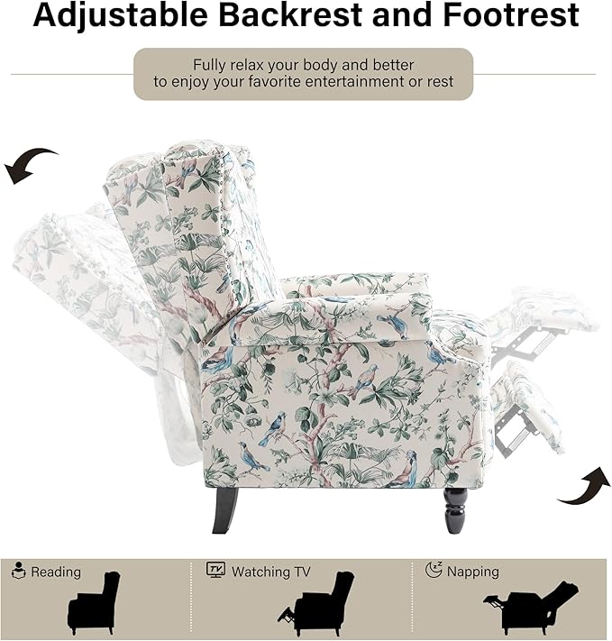 Recliner Chair, Upholstered Wingback Floral Pushback Armchair with Adjustable Backrest & Footrest, Comfy Accent Chair Reading Single Sofa for Small Spaces, Living Room, Bedroom (Bird, Set of 2)
