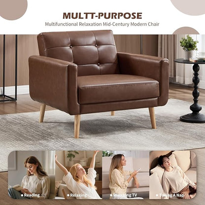 CANMOV 29" W Oversized Leather Accent Chair Set of 2, Armchair Button Back, Mid Century Modern Accent Chairs for Living Room, Modern Upholstered Bed Room Chair Cozy Armchair with Wood Legs, Brown