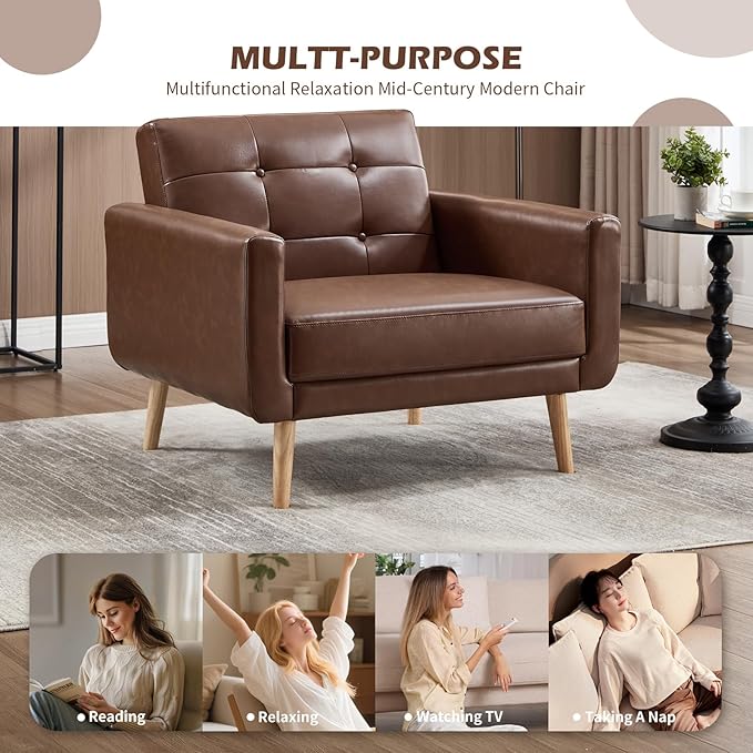 CANMOV 29" W Oversized Leather Accent Chair, Armchair Button Back, Mid Century Modern Accent Chairs for Living Room, Modern Upholstered Bed Room Chair Cozy Armchair with Wood Legs, Brown