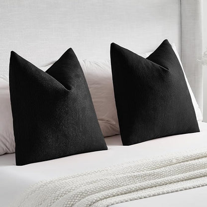 FUTEI Black Chenille Decorative Throw Pillow Covers 18x18 Inch Set of 2,Soft Cozy Striped Geometric Patterns Cushion Cases,Modern Home Decor for Couch Bed Living Room